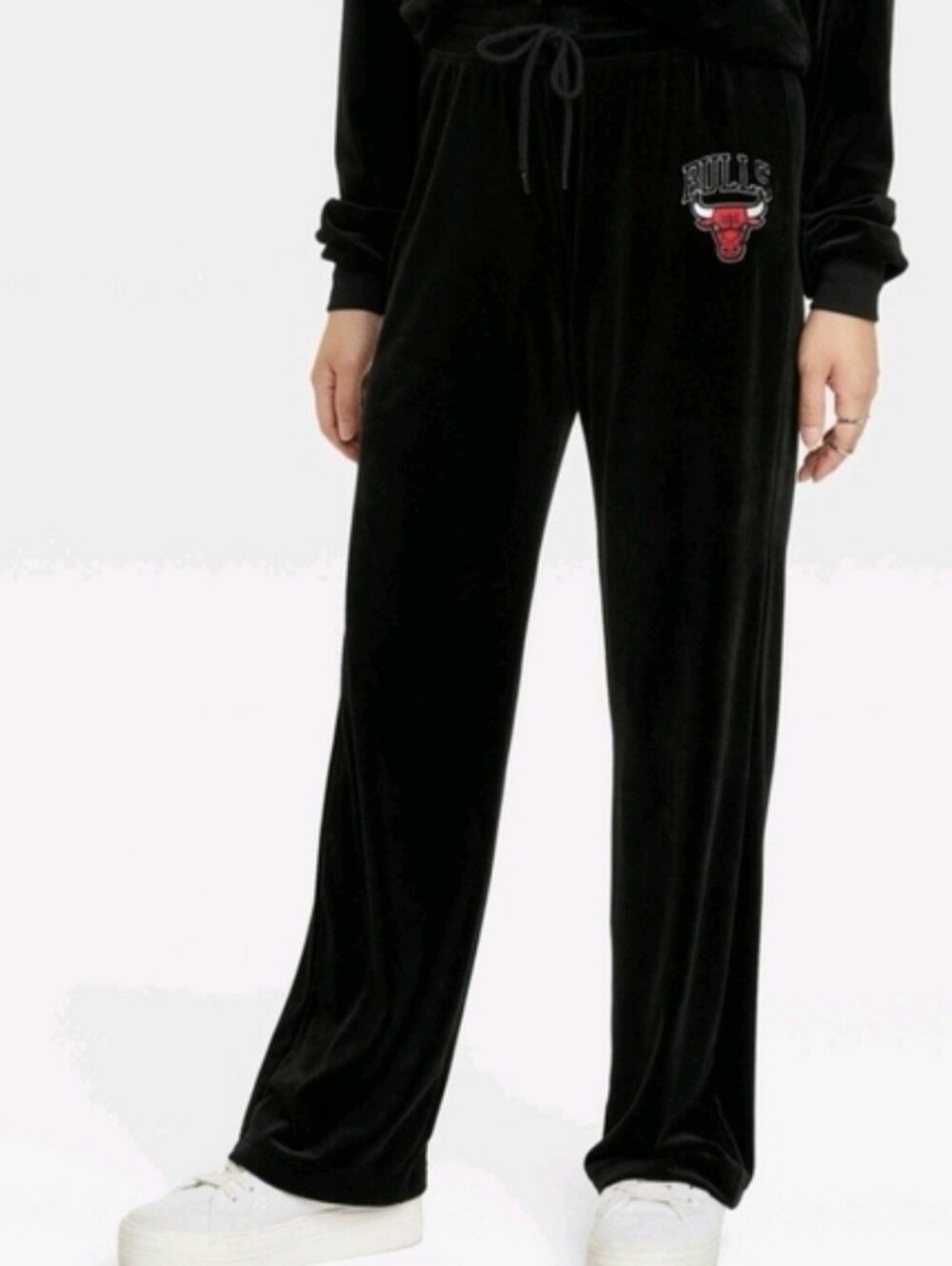 Women Offical NBA Black Chicago Bulls Velour Wide Leg Drawstring Pants Medium